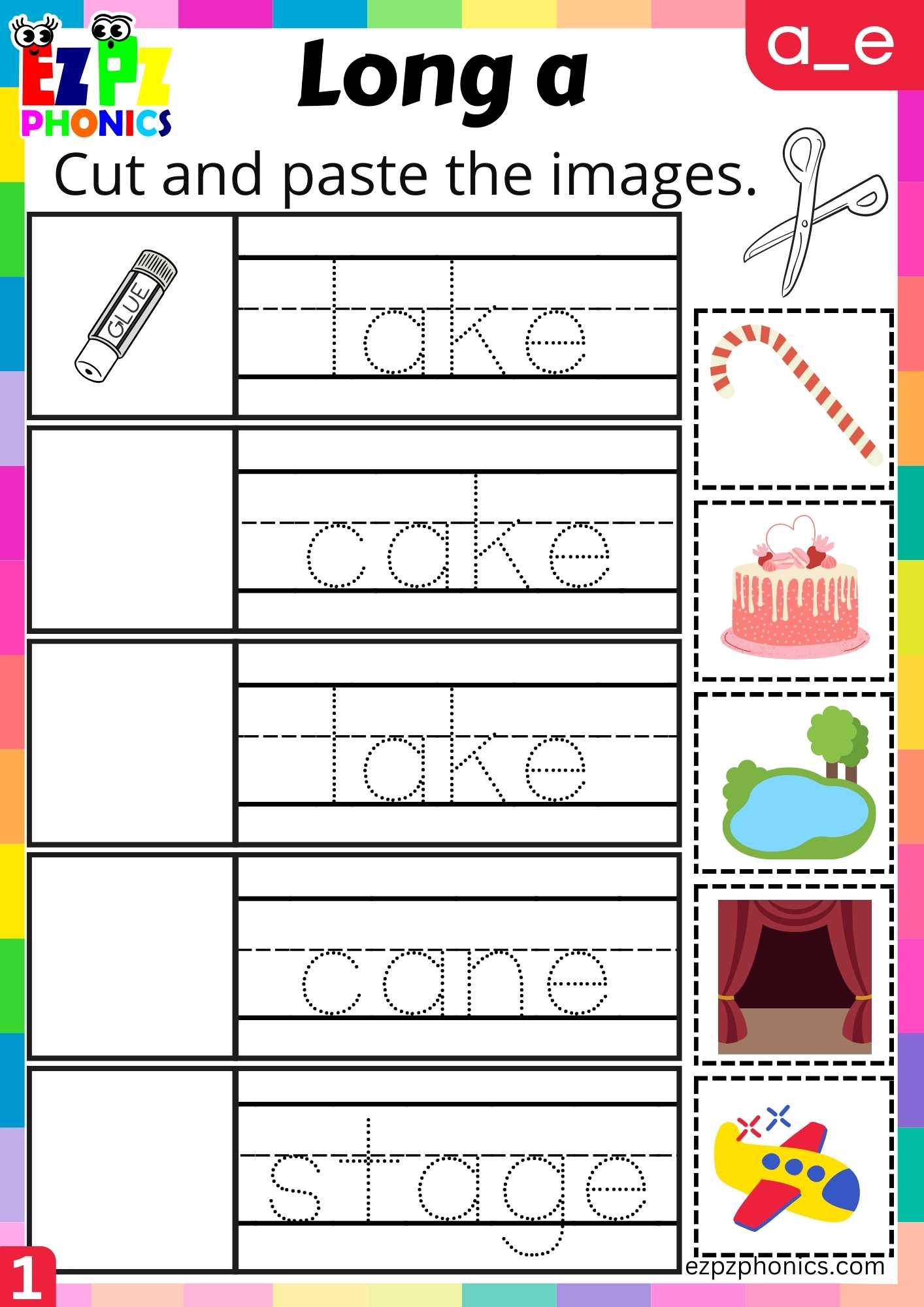 Group1 A_E Words Cut And Paste The Images Long A Phonics Worksheet
